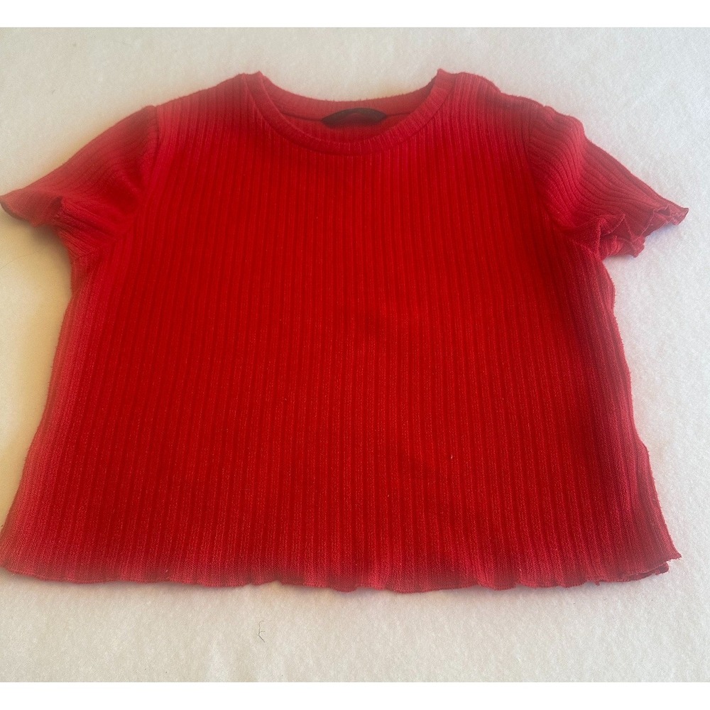 SHEIN Womens Red Ribbed Crop Top Small Ruffle Short Sleeve Stretchy Knit Casual